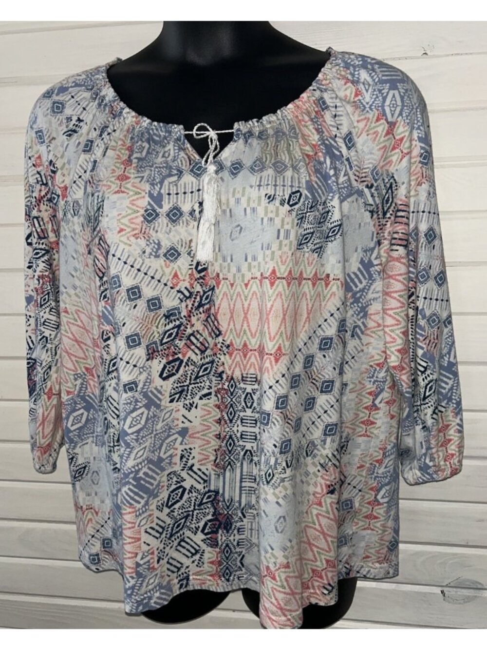 Chaps Ralph Lauren Sz PLUS 2X Peasant Blouse Pink Blue Geo Print EUC
